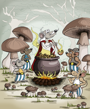Muskulöse Ratten (Gezeichnet im Asterix-Stil) stehen um einen mit Pilzen gefüllten Zaubertranktopf herum.